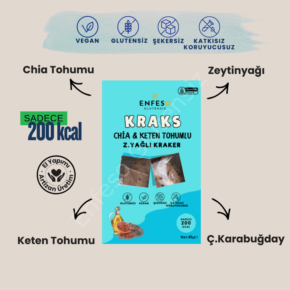Chia&Keten Tohumlu  Z.yağlı KRAKS (45 gr) (Glutensiz/Laktozsuz/Vegan)